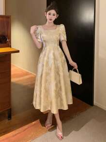 DAZY Floral Print Square Neck Puff Sleeve Midi Dress For Women Prom Dress Elegant Women Dresses - Apricot - View 3