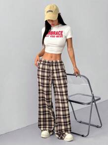 Muchica Women's Plaid Drawstring Waist Loose Wide Leg Casual Pants - Multicolor - View 6