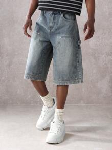 SUMWON 木匠面板牛仔短裤实用工作服宽松膝盖以下长度多口袋街头服饰夏季休闲时尚滑板百慕大短裤 - 藍色 - 查看 4