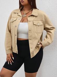 SHEIN ICON Plus Size Loose Casual Everyday Front Button Drop Shoulder Denim Jacket - Khaki - View 1