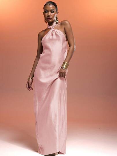 MUSERA 扭结前领露背缎面性感宽松优雅长裙，适合春夏度假、海滩度假、婚礼、假日、秋季、夜晚外出、约会之夜等场合，尽显优雅时尚。