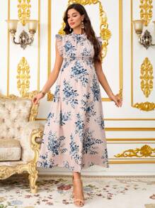 SHEIN Maternity Elegant Floral Allover Print Short Cap Sleeve Dress, Summer Summer Clothes Maternity Summer Dress - Pink - View 6