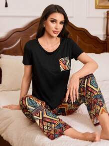 SHEIN Retro Minimalist Style Print Loose Women Pajama Set - Multicolor - View 7