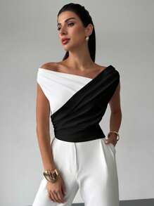 Firerie 女士优雅简约精致时尚性感日常通勤音乐节假日不对称荷叶边撞色短款上衣，春夏