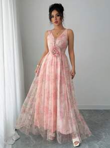 Elenzga Elegant Floral V-Neck Sleeveless Net Mesh Cinched Waist A-Line Dress, Graduation/Derby Racing/Cocktail Party Occasion, Spring, Romantic & Graceful - Multicolor - View 3