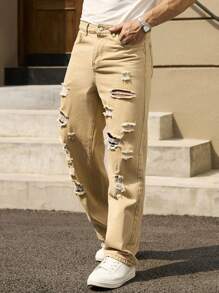 Manfinity Homme Men's Casual Daily Slant Pocket Loose Distressed Denim Jeans - Khaki - View 3