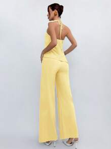 Aloruh Summer Casual Commuting Solid Color Backless Halter Neck Top + Pants Set - Yellow - View 2