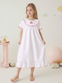 Tween Girls Minimalist Plain Light Pink Cherries Collar Ruffle Hem A-Line Nightgown - White - View 1