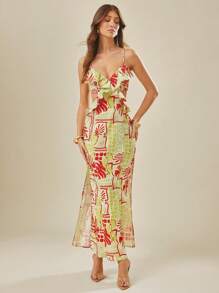L'Amorae Summer Vacation Tropical Print Ruffle Detail Slit Maxi Dress