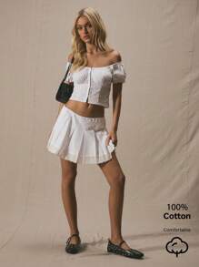 MUSERA Low Rise Cotton Poplin Floral Cut Out Detail Mini Skirt Bottom Only Summer Cute Vacation 90's Elegant Party Holiday - White - View 1