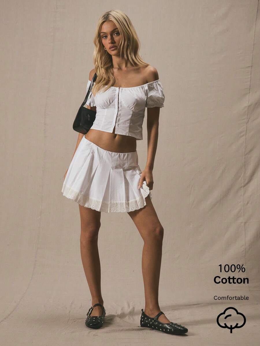 MUSERA Low Rise Cotton Poplin Floral Cut Out Detail Mini Skirt Bottom Only Summer Cute Vacation 90's Elegant Party Holiday - White - View 1