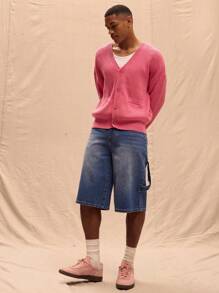 Musero 超大号轻质纽扣喷绘细节 V 领开衫，春季复活节 - 玫紅色 - 查看 4