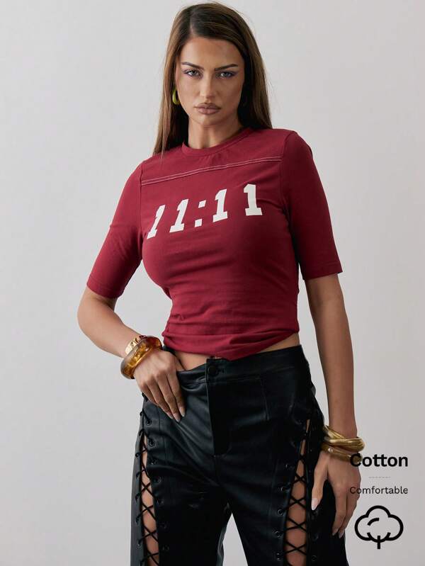 MUSERA Slogan Print Elbow Length Sleeve Full Length Fitted Top Casual Summer 11:11 Muse Dept