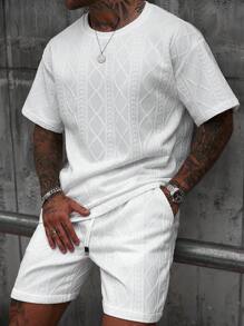 Manfinity CasualCool Men's Casual Vacation Outfit With An INS-Style Geometric Knit Jacquard In White, Featuring A Dropped-Shoulder Loose-Fit Short-Sleeve T-Shirt And Shorts Set. Perfect For Music Festivals, Hawaiian Beach Getaways T-Shirt And Shorts 2 Pieces Set, Men Two Pieces Sets, Men 2 Pieces Outfits Shorts Set, Men's Solid Color Textured Short Sleeve T-Shirt And Shorts 2 Pieces Set, Men Two Pieces Sets, Men's 2 Pieces Outfits Shorts Set, Men's 2 Pieces Sets, Men's Men T Shirt Co Ords - White - View 1