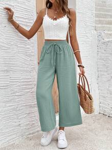 SHEIN Frenchy Bộ đồ đi nghỉ 2 món cho nữ: Áo ba lỗ thêu ren tương phản ngắn và quần, trang phục thường ngày mùa hè - Màu xanh Cadet - Xem 4