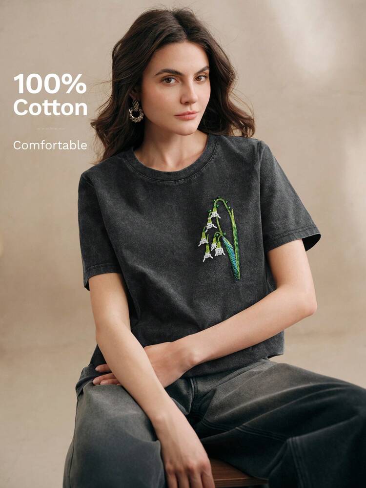 Summer Casual Distressed Lily Embroidery & Studded Short Sleeve Women T-Shirt
