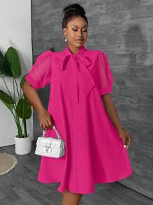 Maweii Plus Size Women Loose Tulle Splice Bow Decor Vacation Dress, Spring/Summer Pink Plus Size Business Professional Hot Pink - Hot Pink - View 3