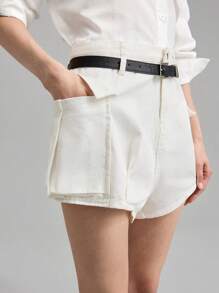 Ontre Women's White Denim Shorts Comes With A Belt Cargo Pocket Bubble Denim Shorts - White - View 4