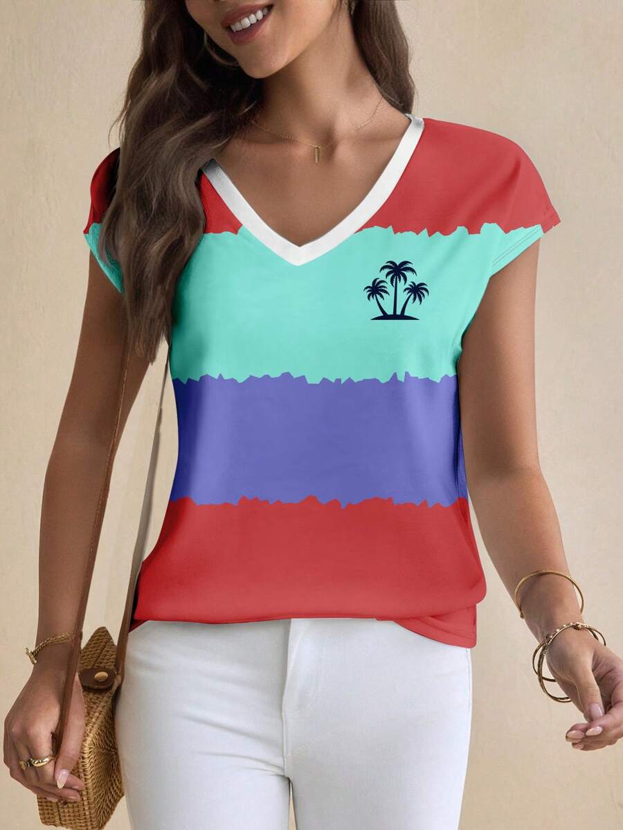 Glamance LEFD Designs Camiseta de mujer de manga corta con cuello en V, de colores múltiples, de estilo casual para el verano, con gráfico para mujeres para salir - Multicolor - View 1