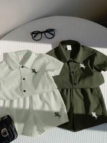SHEIN 4pcs/Set Baby Boy/Girl Summer Green Contrast Color Animal Print Soft Knit Polo Collar Short Sleeve Cardigan & Elastic Waist Shorts, Suitable For Vacation, Outdoor, Home, School - Multicolor - View 4