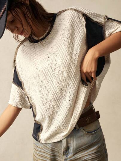 Bohemela 大码女式夏季撞色圆领落肩宽松休闲T恤