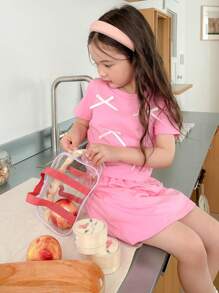 DAZY Set de 2 piezas de moda para niña: Camiseta de manga corta de cuello redondo de punto + Falda - Rosa - Ver 4