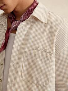 SWAVVY Men's Casual Plaid Letter Embroidery Loose Woven Short Sleeve Khaki Boxy Shirt, For Summer Outfit