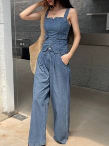 DAZY Women Denim Tank Top And Pants Set - Medium Wash - View 2