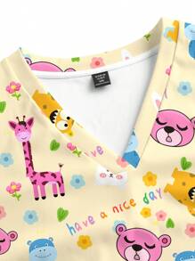 PopScrub Plus Size Cartoon Animal Print Nurse Uniform Oversize Top - Bear, Giraffe, Rabbit, Hippo, Casual & Minimalist Design Scrub Top - Multicolor - View 5