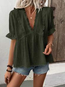 LanaWest Camisa de mujer con escote en V profundo, mangas abullonadas y tela con corte láser 3D