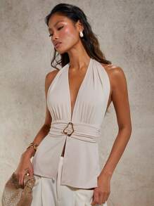 COSMINA Traje de baño elegante de mujer con escote en V profundo y hebilla de metal, apto para vacaciones de primavera y verano