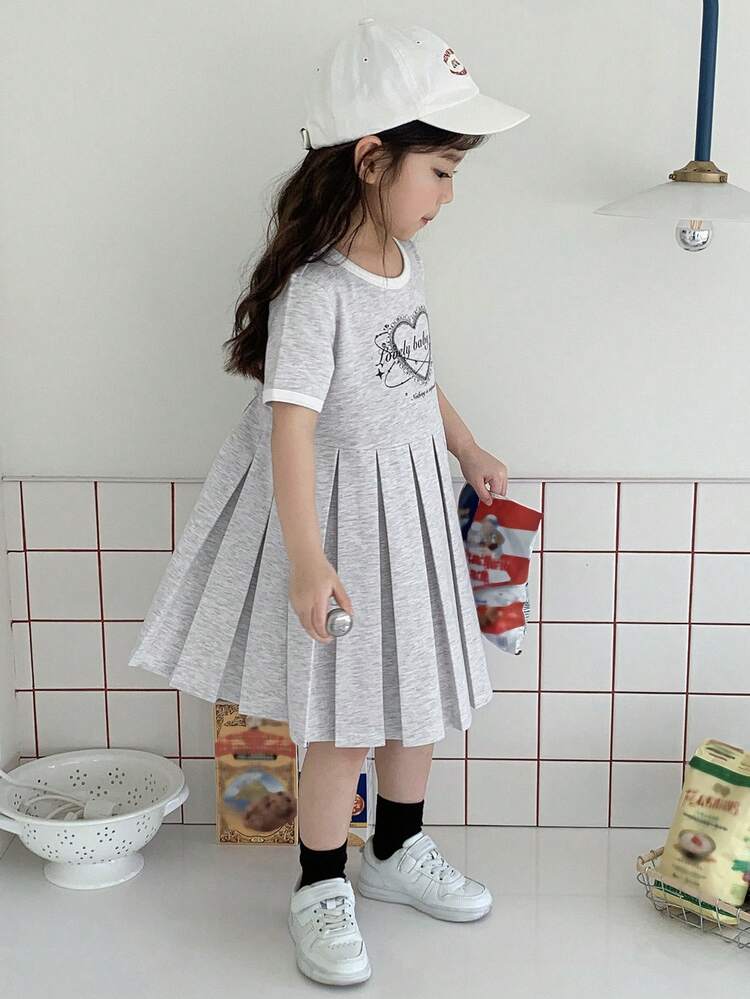 Girls' Graphic Print Crew Neck Short Sleeve Knitted Dress, Summer Young Girl Clothes