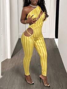 BamGleam 2025 Spring New Stripe Printed Slimming Summer Slimming Jumpsuit - Yellow - View 6