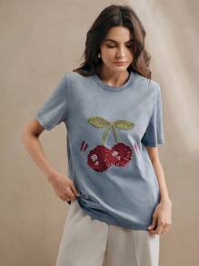 Anewsta 复古水洗樱桃刺绣串珠针织圆领 T 恤，女款，夏季休闲 - 藍色 - 查看 7