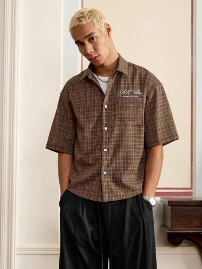SWAVVY Men's Woven Fashion Casual Brown Plaid Letter Embroidery Loose Fit Short Sleeve Boxy Shirt, For Daily Summer School