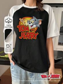 TOM AND JERRY X DAZY Women's IP Collab Color Block Raglan Sleeve Cartoon Graphic Print T-Shirt Cute Tops - Black - View 1
