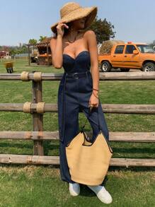 DAZY Mono de mezclilla holgado y casual de mujer con top bandeau y cinturón, para verano