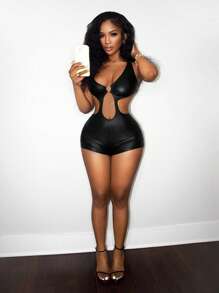 BamGleam Punk Street Style Metal Decor Patchwork Hollow Cut-Out PU Leather Romper Jumpsuit For Women, Music Festival Outfit - Black - View 1