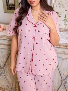 CottageSlumber Plus Size Women Comfortable Cherry Print Top & Pants Lounge Wear Set, Loose Fit, Suitable For Spring, Bountiful Floral Splendor Cozy And Elegant Details - Pink - View 6
