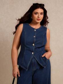 Elaquor Conjunto de 2 piezas de talla grande de denim: chaleco sin mangas y pantalones