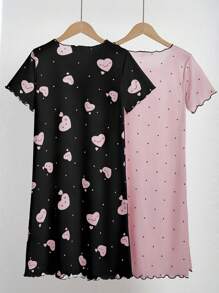 SHEIN 2 件套女孩可爱波尔卡圆点心形印花舒适圆领短袖长睡袍家居服套装母亲节礼物毕业礼物夏装假日旅行休闲夏装少女服装少女 T 恤 - 黑色 - 查看 2