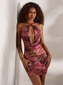 Opulessa Robe courte ajourée imprimée sans dos à encolure montante pour femmes