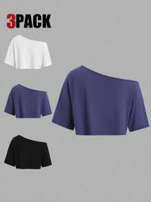 Sweetra Set de 3 camisetas de manga corta con cuello asimétrico y ajuste suelto en blanco, gris y negro