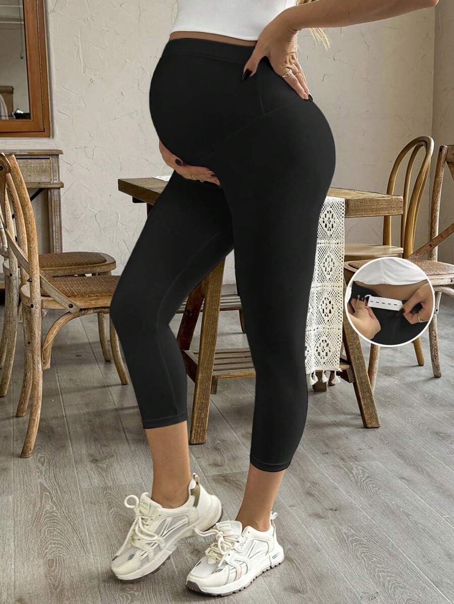 SHEIN 孕妇紧身裤,哺乳妈妈紧身裤,高弹不透明瑜伽运动托腹裤,适合春季、夏季及所有季节 - 黑色 - 查看 1