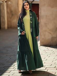SHEIN Najma Hand-Sewn Rhinestone Beadwork And Tassel Decorations, Elegant Long Open-Front Long-Sleeved Coat - Abaya, Suitable For Daily Wear, Festivals And Eid Gatherings., Modest Robe - Dark Green - View 7