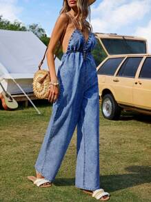 Breezaya 女式度假休闲露背吊带牛仔连体裤 - 深色水洗藍 - 查看 4