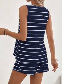 SHEIN 2pcs/Set Maternity Sleeveless Shorts, Knit Striped Side Slit (Not Striped) - Navy Blue - View 2