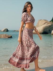 Swim Oasis 2pcs/Set Women Summer Floral Print Cropped Top And Skirt - Multicolor - View 1