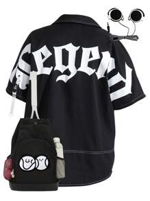 SHEIN 1-Pack Teen Boy Casual Sports College Art Retro Black Short-Sleeved Lapel Shirt With Big Letter Pattern On The Back Suitable For Teen Boy Back To School Boys Suitable For Daily Use Suitable For Daily Use Suitable For School Suitable For Travel Suitable For Sports Suitable For Spring And Summer Seasons