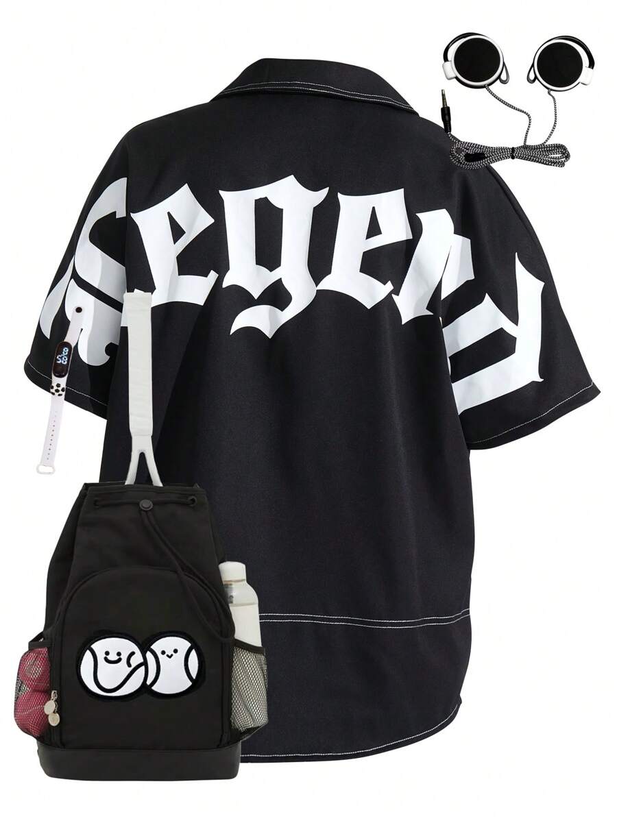 SHEIN 1-Pack Teen Boy Casual Sports College Art Retro Black Short-Sleeved Lapel Shirt With Big Letter Pattern On The Back Suitable For Teen Boy Back To School Boys Suitable For Daily Use Suitable For Daily Use Suitable For School Suitable For Travel Suitable For Sports Suitable For Spring And Summer Seasons